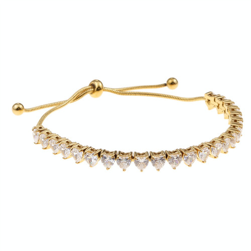 Stainless Steel Tennis Bracelet - Adjustable 4mm heart shaped cubic zirconia sparkling gold heart tennis chain bracelet