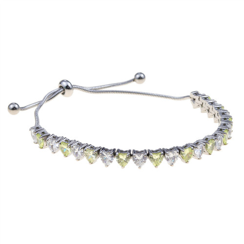 Stainless Steel Tennis Bracelet - Adjustable 4mm heart shaped Apple green &amp; White cubic zirconia silver heart tennis chain bracelet