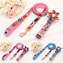 Pearl Flower Fancy Luxury Nylon Pet Rose Gold Metal Buckle Personalized Dog Collars And Leash Set