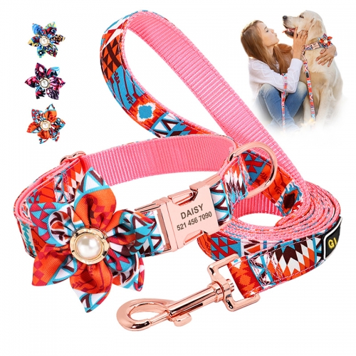 Pearl Flower Fancy Luxury Nylon Pet Rose Gold Metal Buckle Personalized Dog Collars And Leash Set