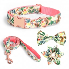 Attached Bowknot Flower Accessories Collars Leash Rose Gold Metal Engraved Bow Pet Custom Logo Luxury Dog Collar And Leash Set