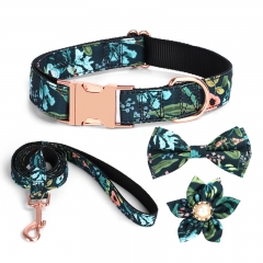 Attached Bowknot Flower Accessories Collars Leash Rose Gold Metal Engraved Bow Pet Custom Logo Luxury Dog Collar And Leash Set