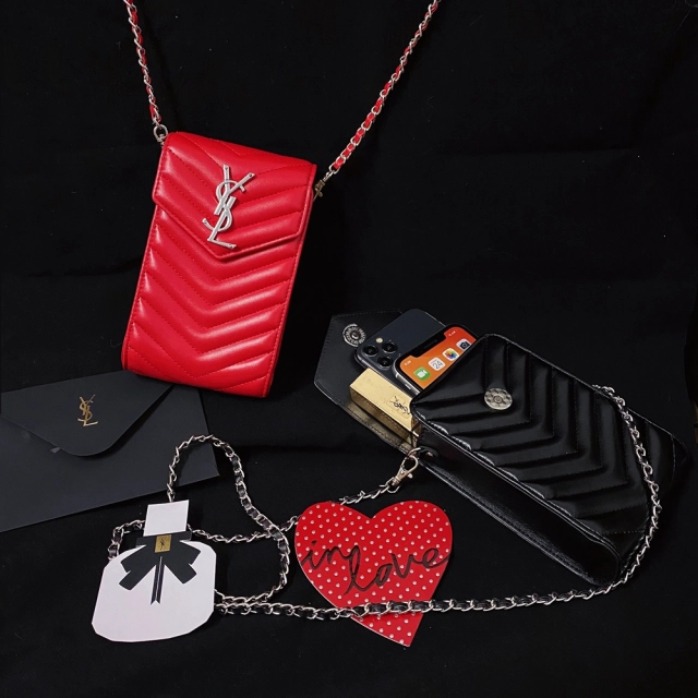 サンローラン スマホポシェット かわいい YSLロゴ入り スマホポーチ 斜 