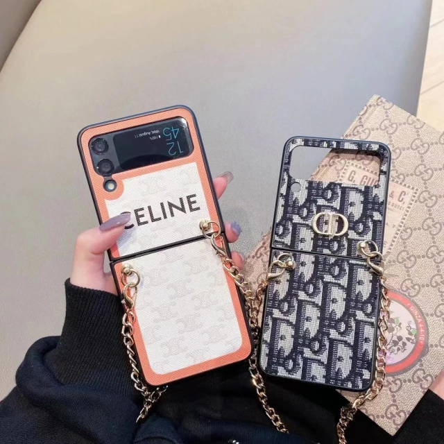 ディオール Galaxy Z Flip3ケース ショルダースマホケース セリーヌ ギャラクシーフリップ3 カバー 斜め掛け DIOR Galaxy Z Flip3 5Gケース トロッター柄 CELINE 折り畳みケース トリオンフ柄 チェーン付き 便利 cocobuyee通販