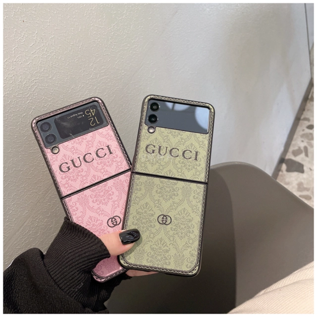 グッチ Galaxy Z Flip3ケース ロゴ付き 花柄 Gucci ギャラクシー Z フリップ3カバー レトロ風 GUCCI Galaxy Z Flip3 5Gケース お洒落 ブランド 折り畳みスマホケース 高級感 グリーン ピンク 全2色