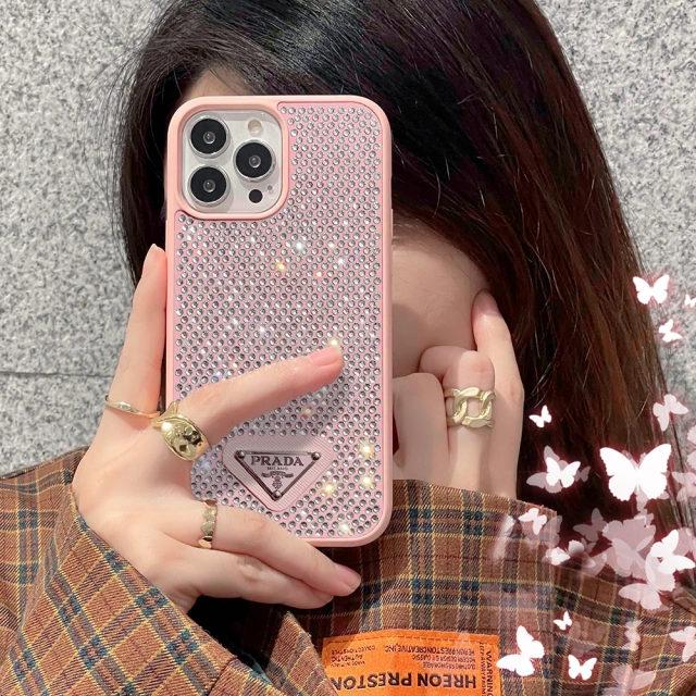 PRADA iPhoneケースラインストーンピンクiPhone14 - ソフト・ハードケース