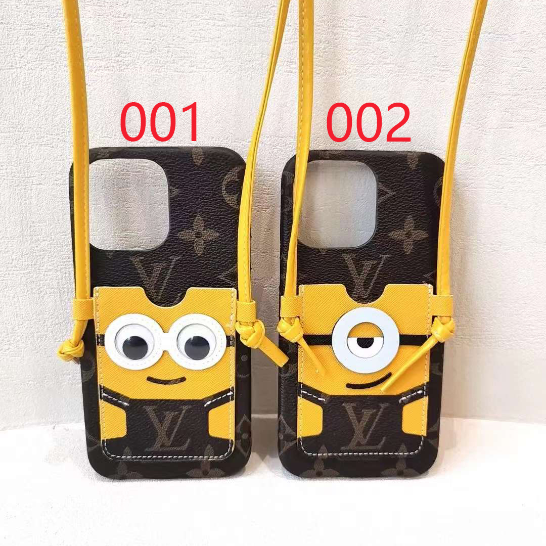 ルイヴィトン ミニオンズ コラボ iPhone15/14 ProMaxケース チェーンストラップ付き LV × Minions iPhone15  Pro/14 Plusケース カード収納 ヴィトン iPhone13 Mini/12/11 Proケース ショルダースマホケース 便利 かわいい  斜めがけ