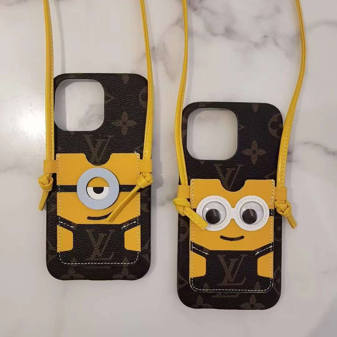 ルイヴィトン ミニオンズ コラボ iPhone15/14 ProMaxケース チェーンストラップ付き LV × Minions iPhone15  Pro/14 Plusケース カード収納 ヴィトン iPhone13 Mini/12/11 Proケース ショルダースマホケース 便利 かわいい  斜めがけ