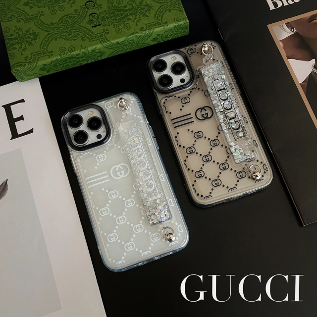 グッチ iPhone15 Pro Maxケース キラキラ流れ ベルト付き Gucci 