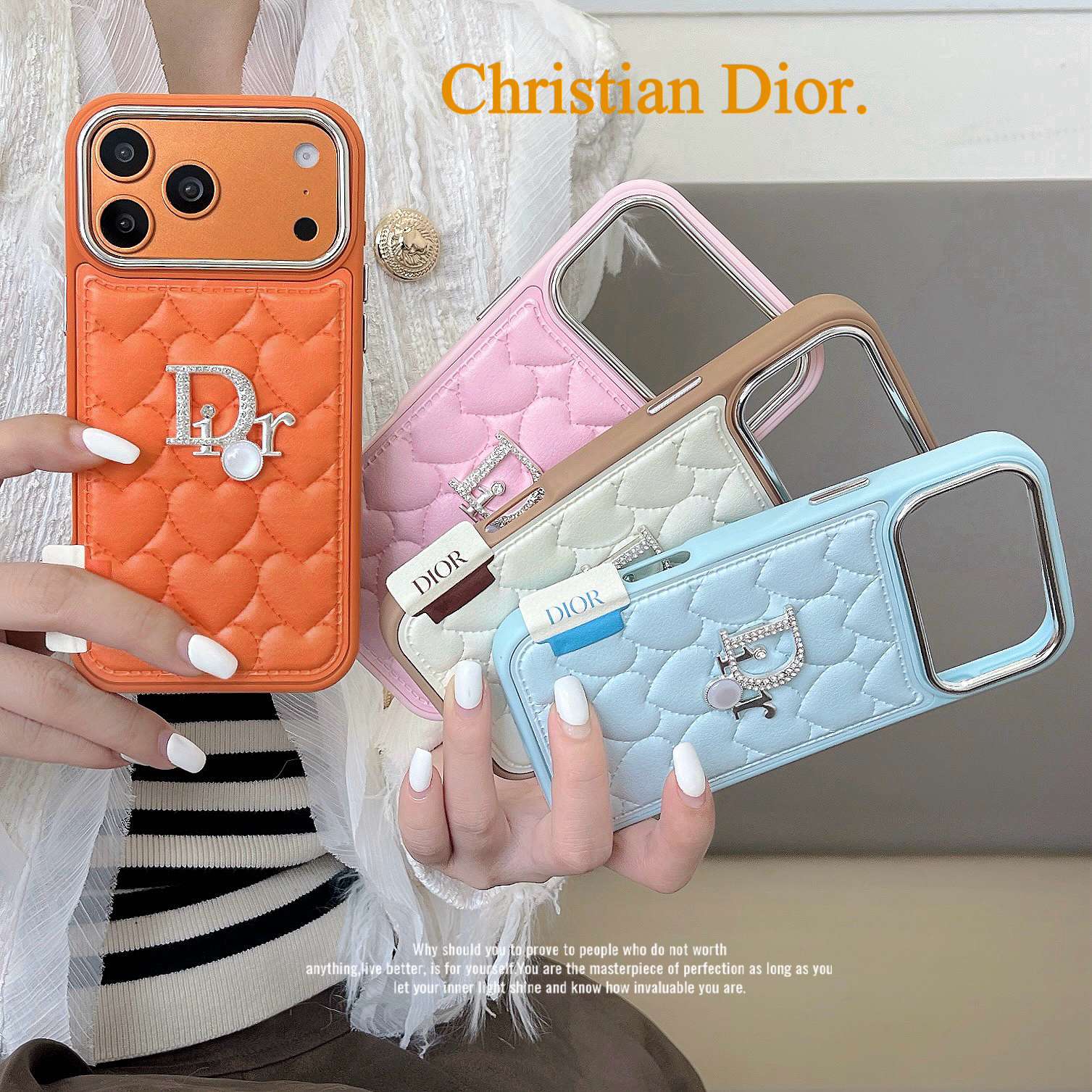 Christian Dior ケース CHRISTIAN DIOR Logo Lady iPhone Case 14 Pro Leather Blue Italy