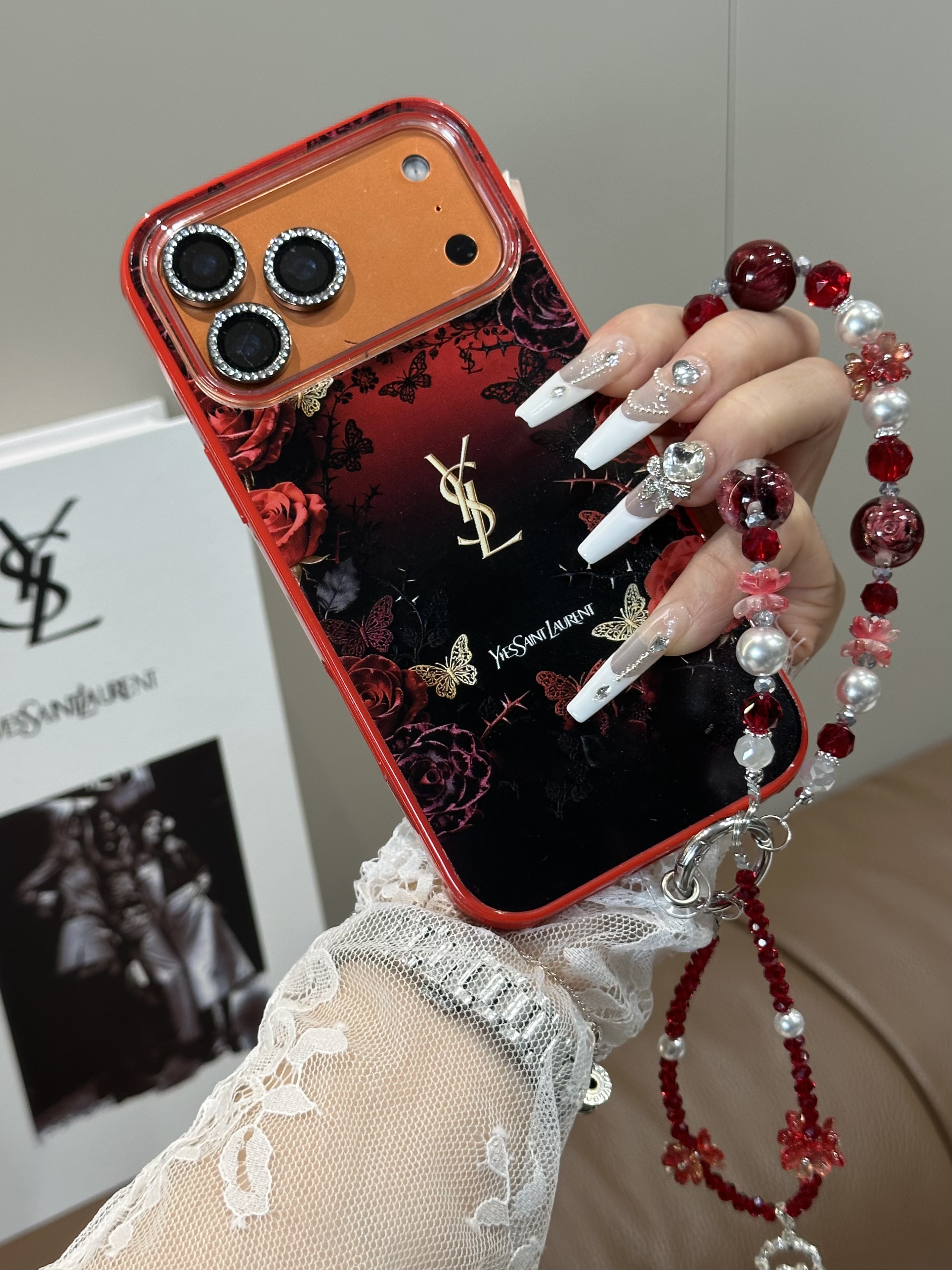 YSL iPhone17 Pro Maxケース モノグラム ローズデザイン サンローラン