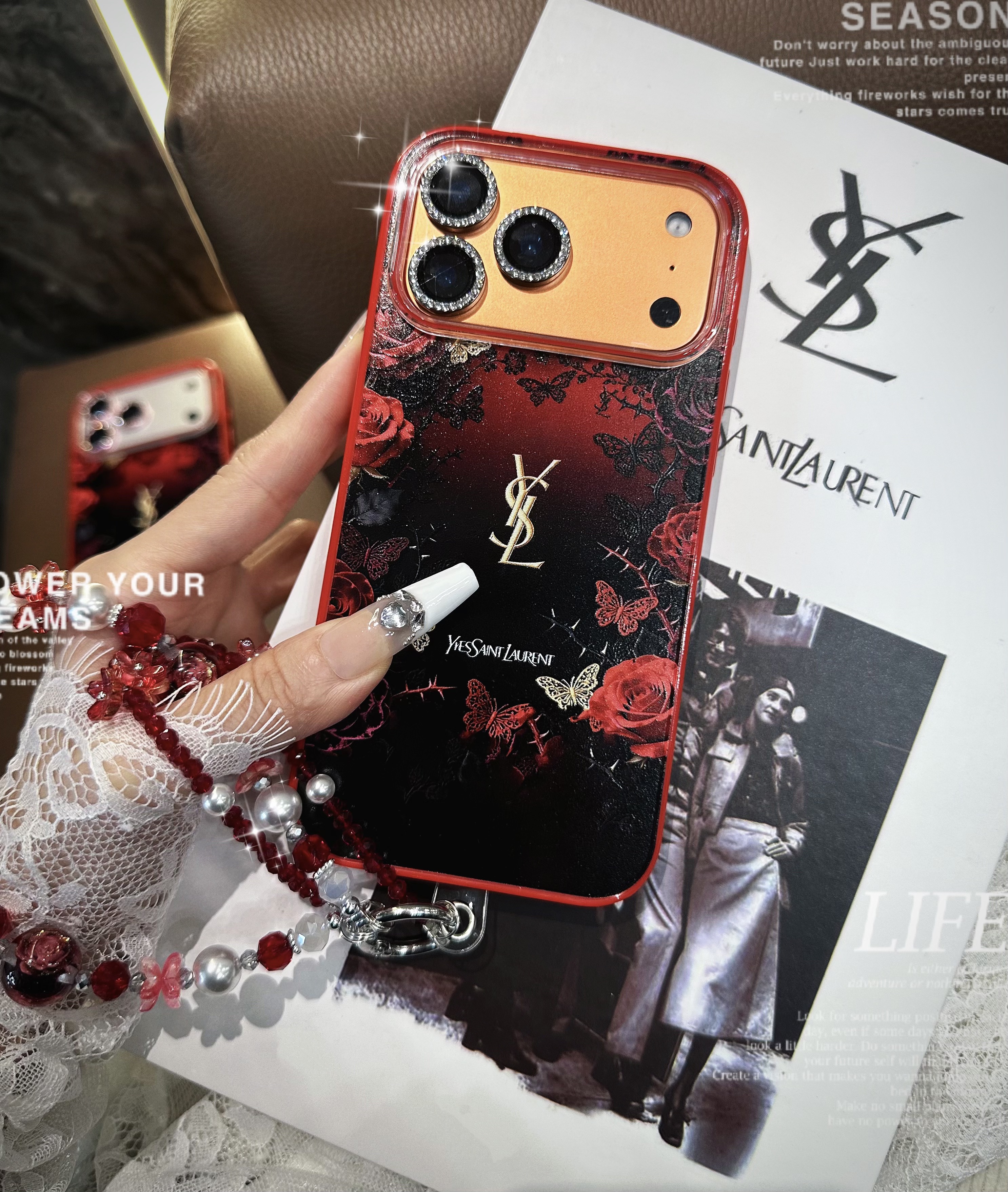 YSL iPhone17 Pro Maxケース モノグラム ローズデザイン サンローラン