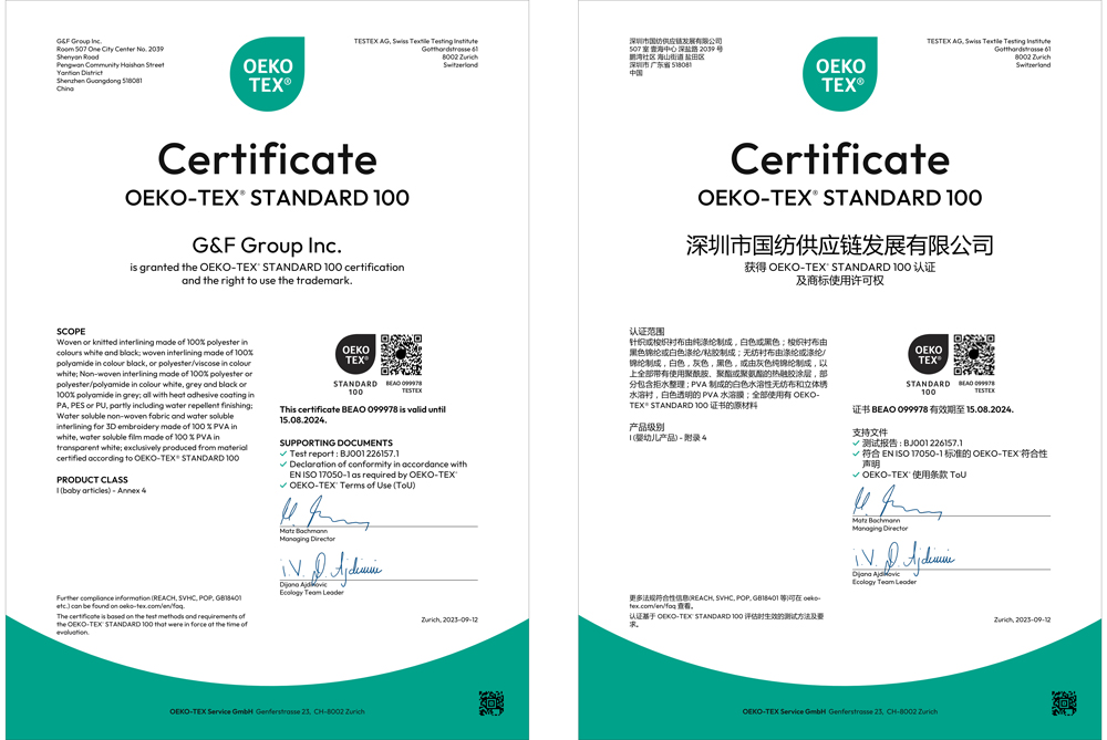 Certificate of W501A-Z/GRS Recycled Circular Knitting Interlining