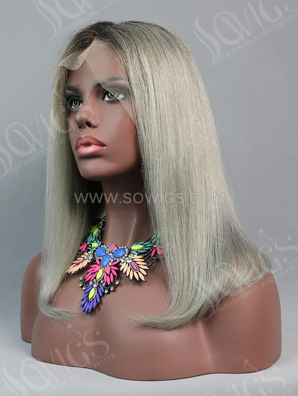 150% Density Lace Front Wig Bob Straight Ombre 1B/Grey Color Human Hair