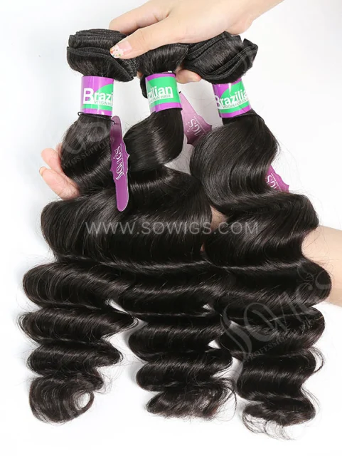 3 Bundles with Lace Closure Brazilian Loose Wave Human Virgin Hair 