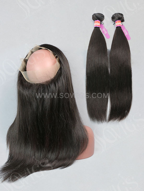 2 or 3 Bundles with 360 Lace Frontal Straight Human Virgin Hair Extension Natural Color