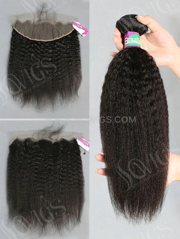 3 Bundles with Frontal Brazilian Kinky Straight Human Virgin Hair 