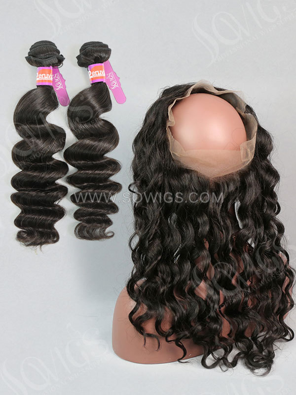 2 or 3 Bundles with 360 Lace Frontal Loose Wave Human Virgin Hair Extension Natural Color