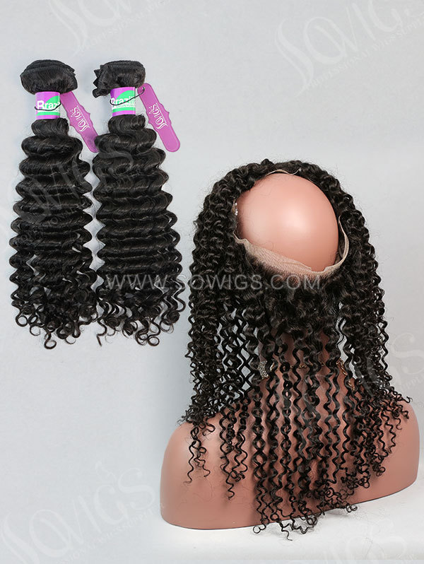 2 or 3 Bundles with 360 Frontal Brazilian Deep Curly Human Virgin Hair 