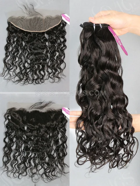 3 Bundles with Frontal Brazilian Natural Wave Human Virgin Hair 