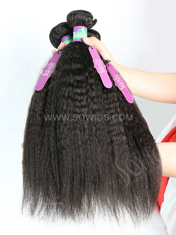 3 Bundles with Lace Base Closure Brazilian Kinky Straight Human Virgin Hair 