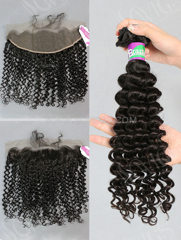 3 Bundles with Frontal Brazilian Deep Curly Human Virgin Hair 