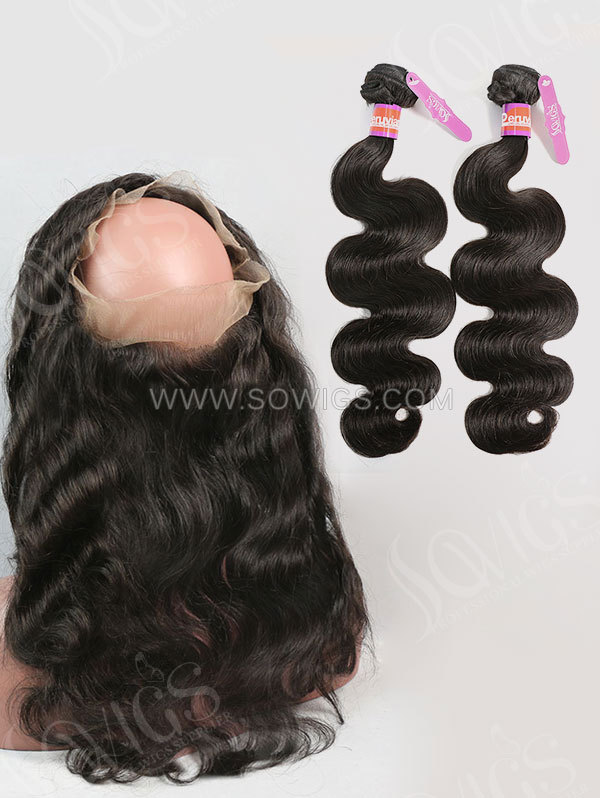 2 or 3 Bundles with 360 Lace Frontal Body Wave Human Virgin Hair Extension Natural Color