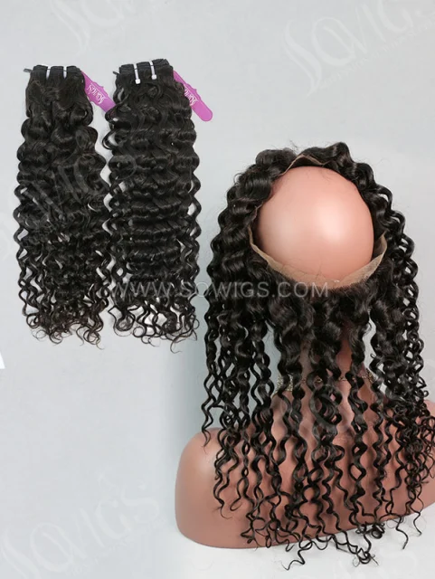 2 or 3 Bundles with 360 Lace Frontal Italian Curly Human Virgin Hair Extension Natural Color