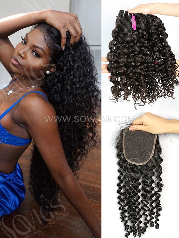 4 Bundles with Lace Closure Brazilian Italian Curly Human Virgin Hair 