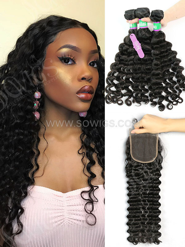 4 Bundles with Lace Closure Brazilian Deep Wave Human Virgin Hair 