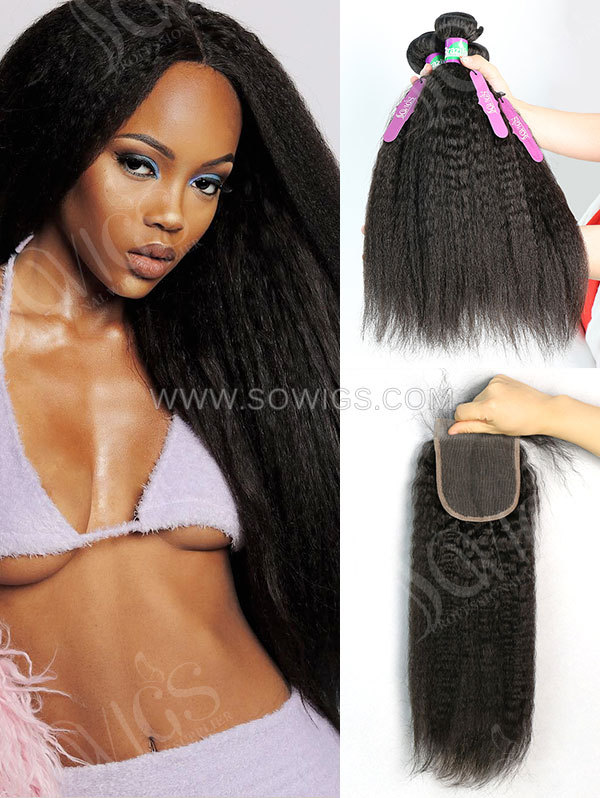 4 Bundles with Lace Closure Brazilian Kinky Straight Human Virgin Hair 