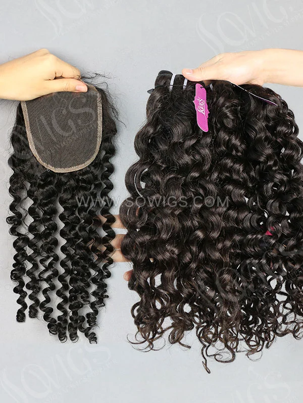 3 Bundles with Lace Base Closure Brazilian Italian Curly Human Virgin Hair 