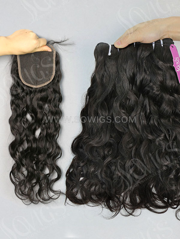 3 Bundles with Lace Base Closure Brazilian Natural Wave Human Virgin Hair 