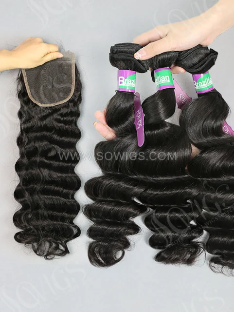 3 Bundles with Lace Closure Brazilian Loose Wave Human Virgin Hair 