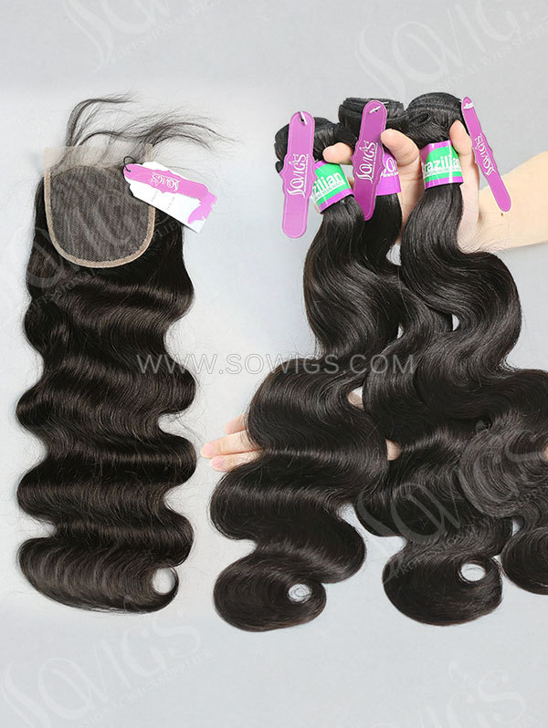 3 Bundles with Lace Base Closure Brazilian Body Wave Human Virgin Hair 