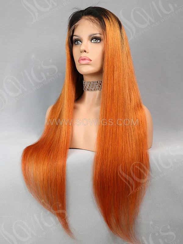 130% Density Full Lace Wig Straight Ombre 1B/Orange Color Human Hair
