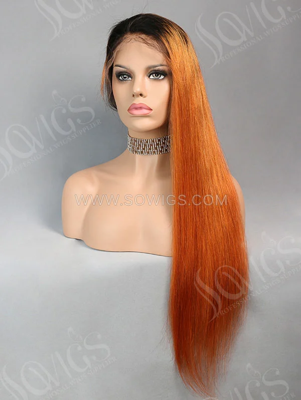 130% Density Full Lace Wig Straight Ombre 1B/Orange Color Human Hair