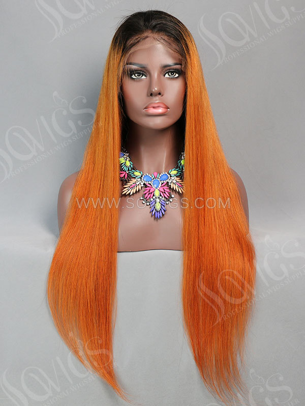 130% Density Lace Front Wig Straight Ombre 1B/Orange Color Human Hair