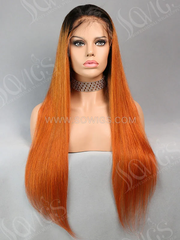 130% Density Full Lace Wig Straight Ombre 1B/Orange Color Human Hair