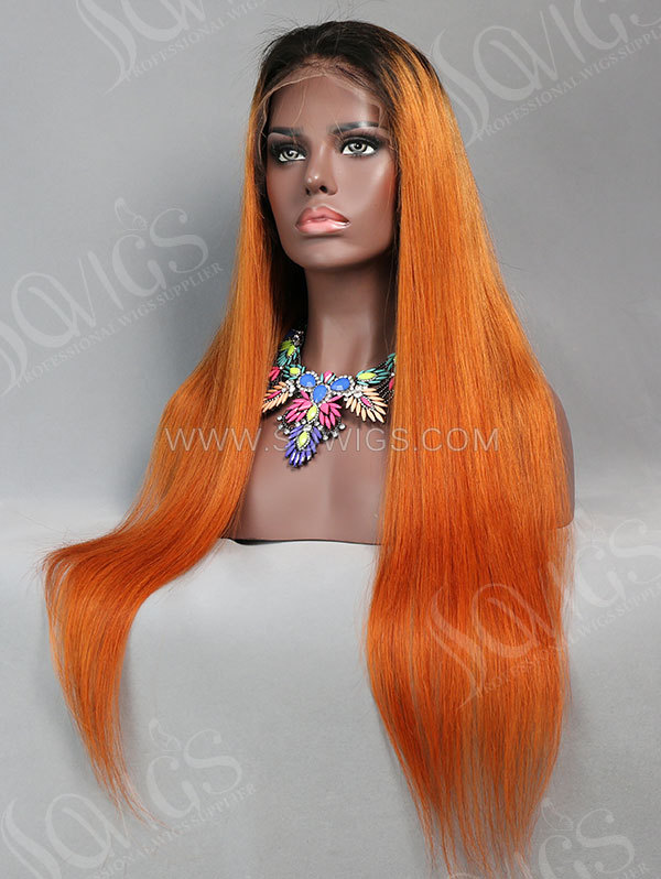 130% Density Lace Front Wig Straight Ombre 1B/Orange Color Human Hair