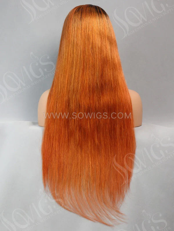 130% Density Full Lace Wig Straight Ombre 1B/Orange Color Human Hair