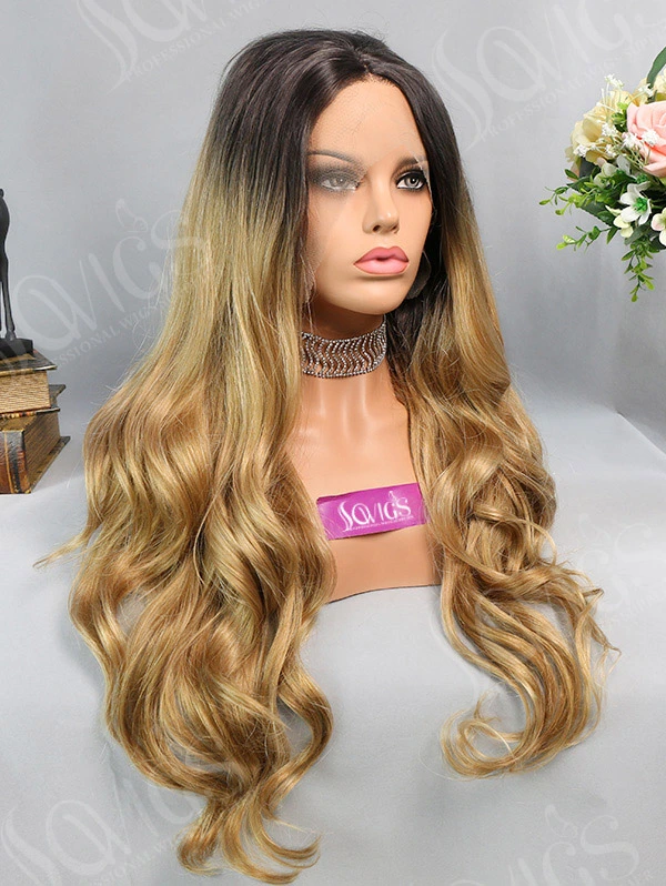 Synthetic Lace Front Wig Wave Highlight Brown Ombre Color Hair