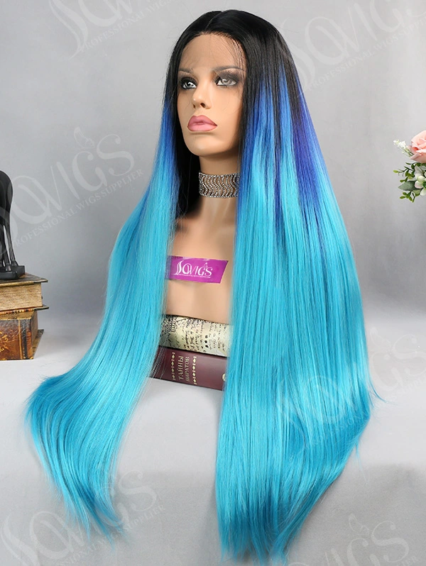 Synthetic Lace Front Wig Straight Aqua Blue Color Hair