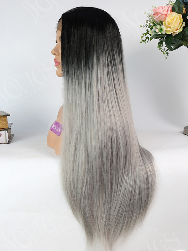 Synthetic Lace Front Wig Straight Ombre Grey Color Hair