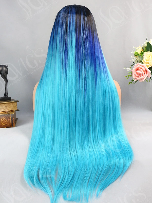 Synthetic Lace Front Wig Straight Aqua Blue Color Hair