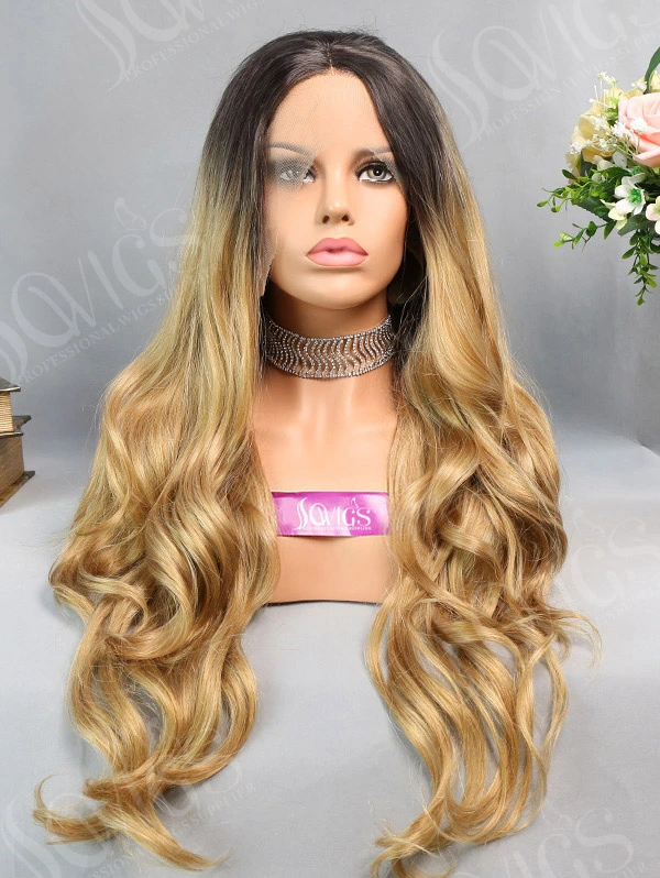 Synthetic Lace Front Wig Wave Highlight Brown Ombre Color Hair