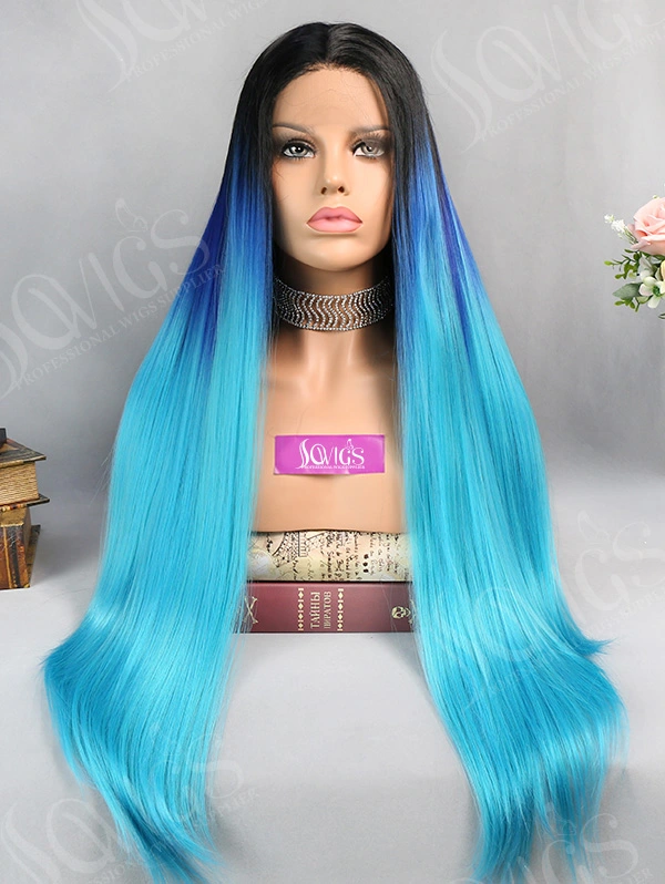 Synthetic Lace Front Wig Straight Aqua Blue Color Hair