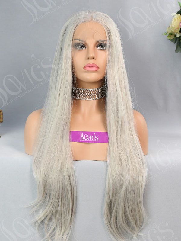 Synthetic Lace Front Wig Straight Light Grey Color Hair