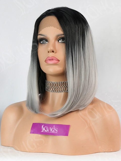 Synthetic Lace Front Wig Bob Straight 1B/Grey Color Hair