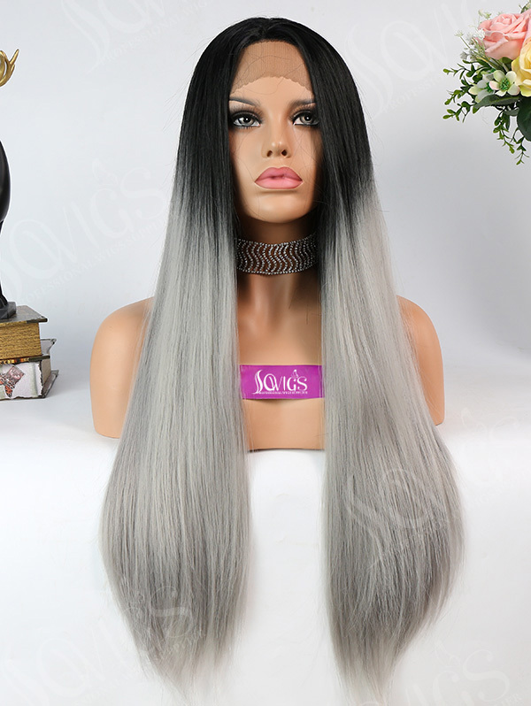 Synthetic Lace Front Wig Straight Ombre Grey Color Hair